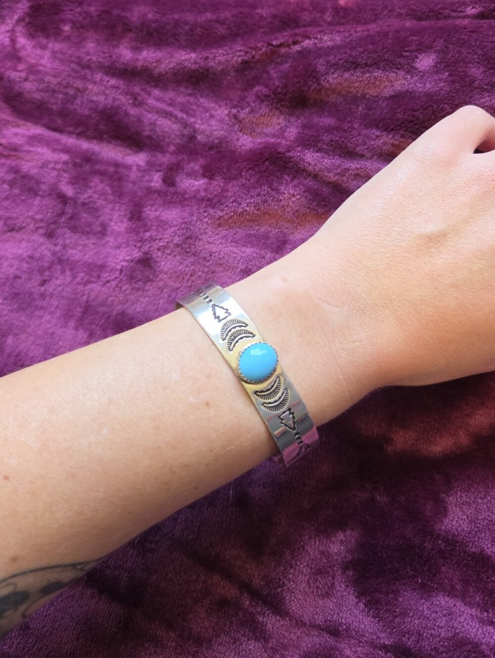 NA Made Hallmarked Nickel Silver And Truquoise Cuff
